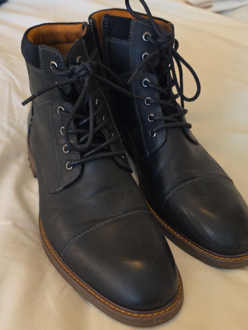 Florsheim Black Leather Cap-Toe Lace-Up Boots with Tan Brown Welt